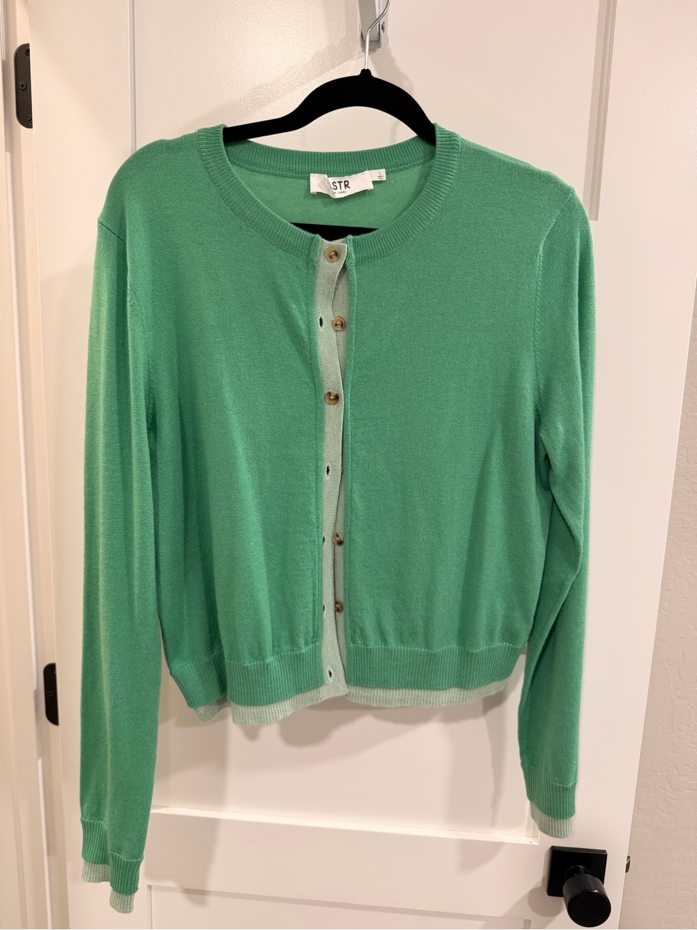 Astr Two-Tone Green Button-Up Crewneck Cardigan
